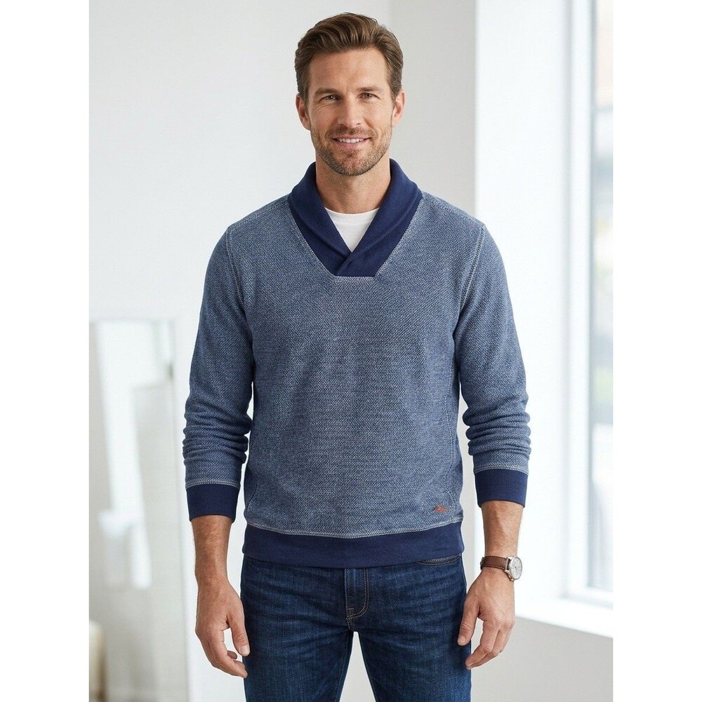 Tommy Bahama Blue Cotton Knit Shawl Collar Pullover Sweater Men Marlin Logo XL
